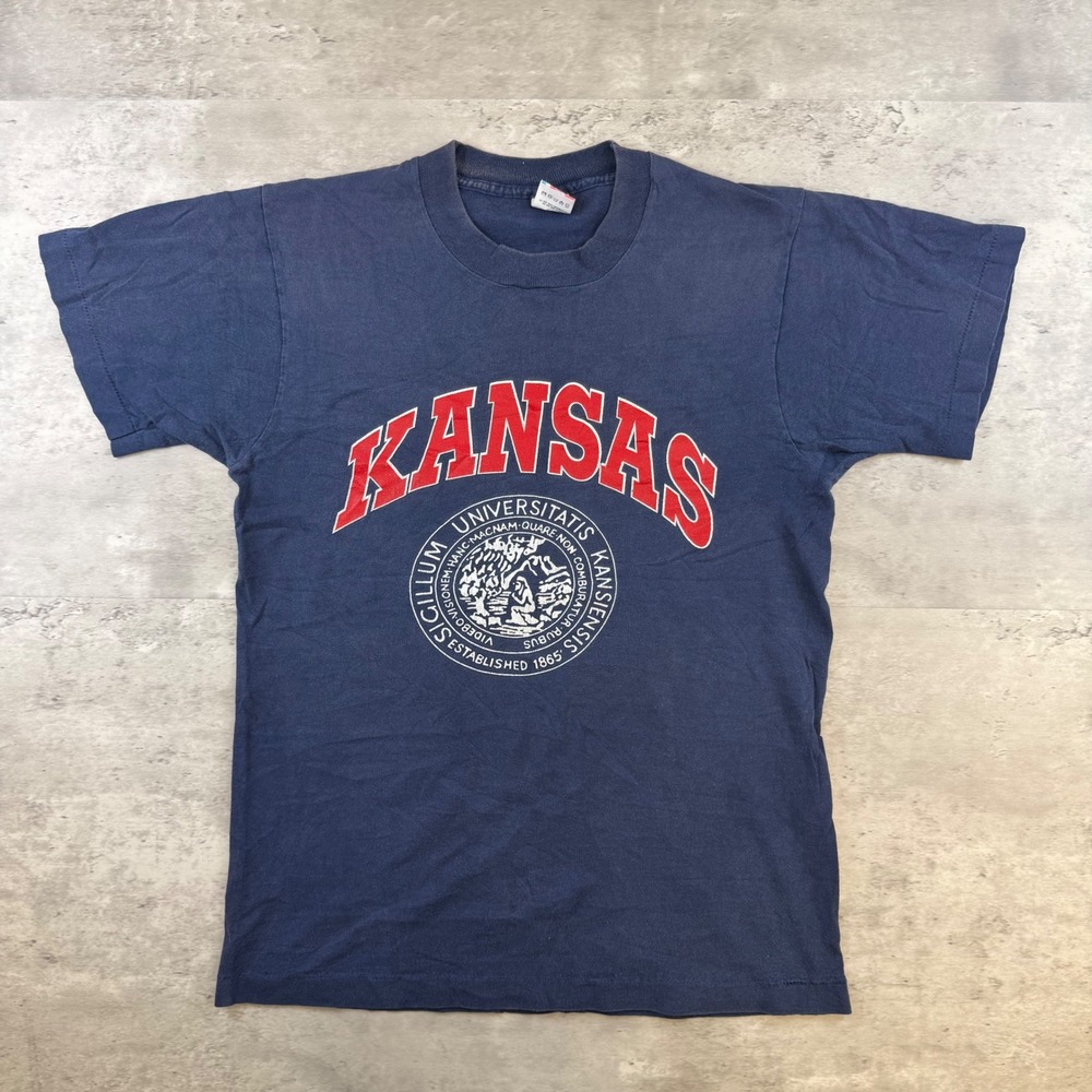 Vintage Fruit of the Loom Kansas University T Shirt Navy Blue Single Stitch Med